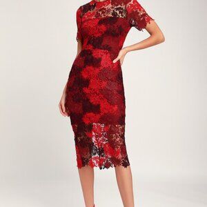 Lulus Season Of Joy Red Multi Lace Midi Dress - Size S